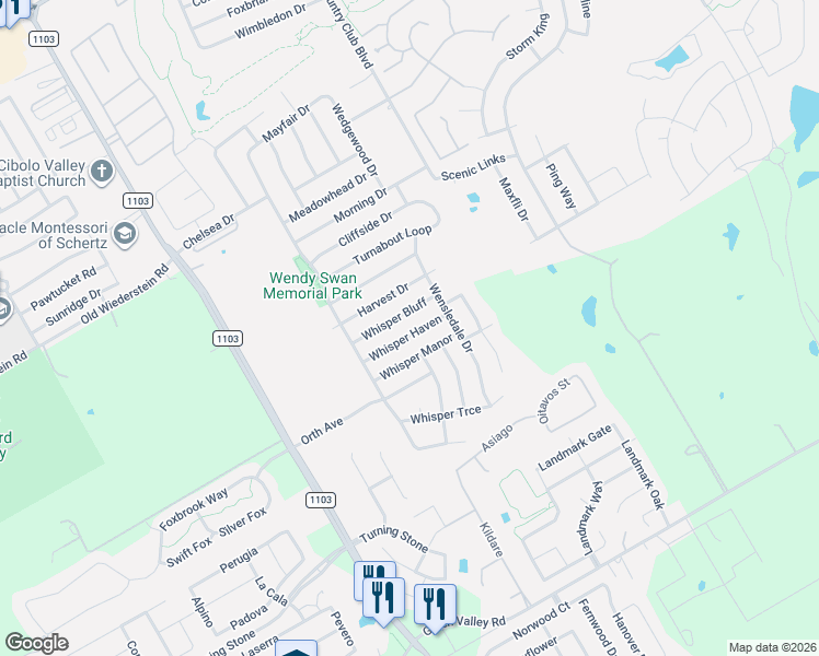 map of restaurants, bars, coffee shops, grocery stores, and more near 3416 Whisper Bluff in Schertz