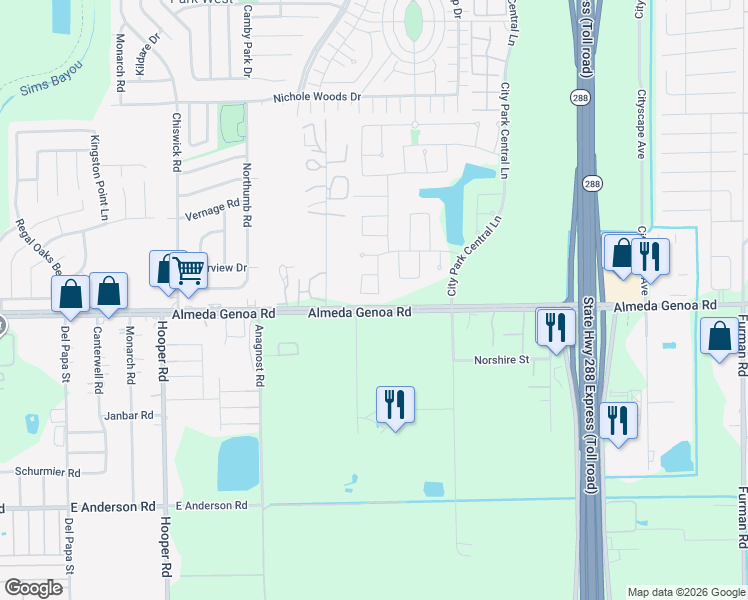 map of restaurants, bars, coffee shops, grocery stores, and more near 12727 Oaks Wood Lane in Houston