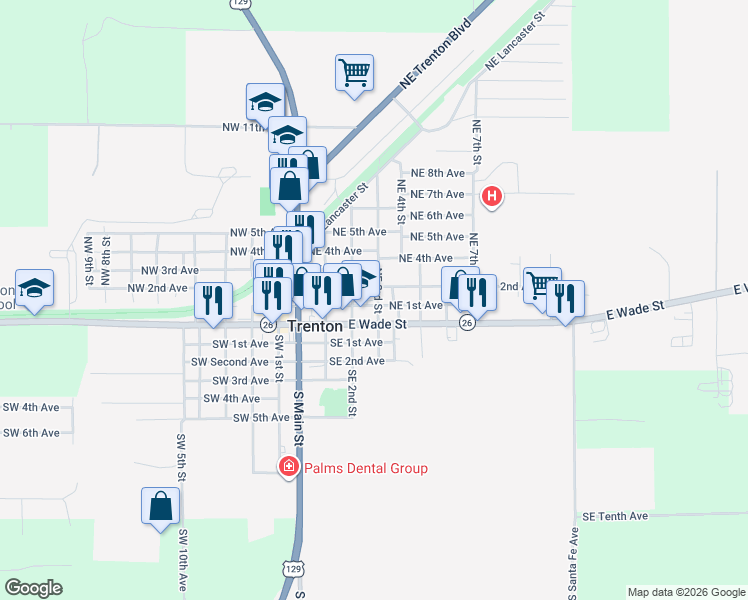 map of restaurants, bars, coffee shops, grocery stores, and more near 115 Northeast 3rd Street in Trenton