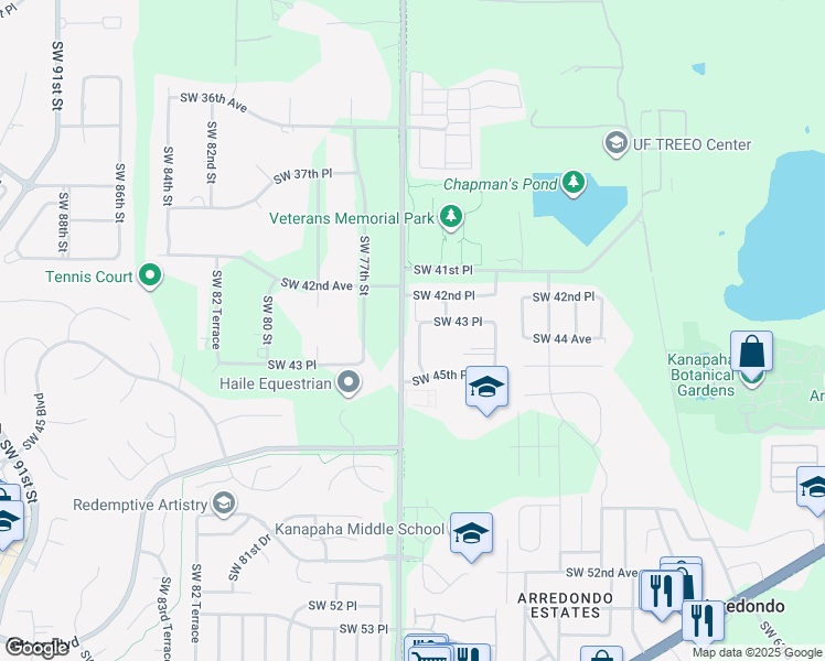 map of restaurants, bars, coffee shops, grocery stores, and more near 4320 Southwest 74th Terrace in Gainesville