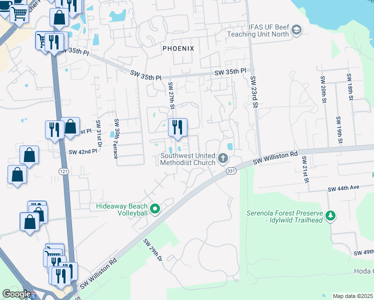 map of restaurants, bars, coffee shops, grocery stores, and more near 3934 Southwest 26th Drive in Gainesville