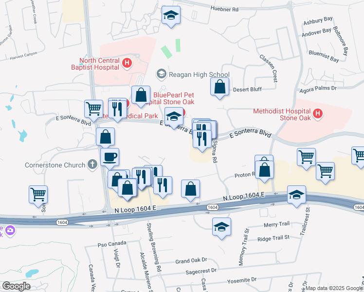 map of restaurants, bars, coffee shops, grocery stores, and more near 800 East Sonterra Boulevard in San Antonio