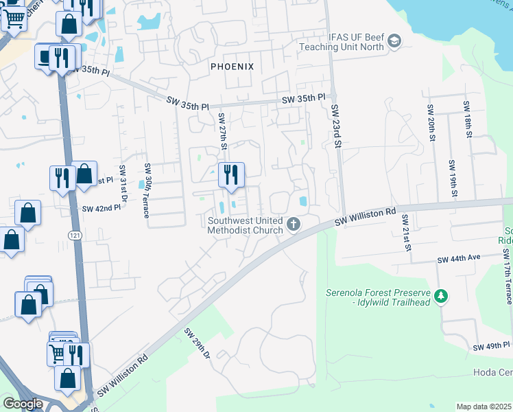 map of restaurants, bars, coffee shops, grocery stores, and more near 3936 Southwest 26th Terrace in Gainesville