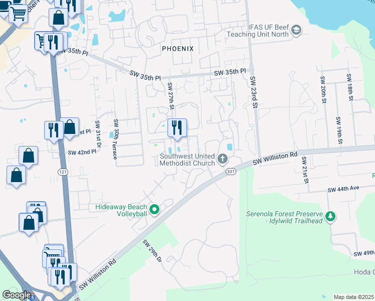 map of restaurants, bars, coffee shops, grocery stores, and more near 3911 Southwest 27th Street in Gainesville