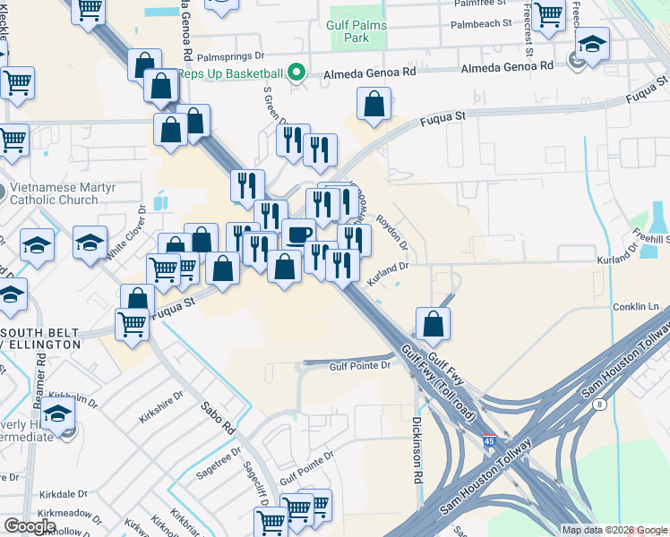map of restaurants, bars, coffee shops, grocery stores, and more near 12809 Gulf Freeway in Houston