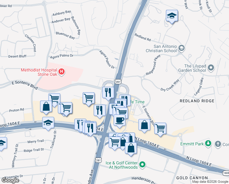 map of restaurants, bars, coffee shops, grocery stores, and more near 18565 U.S. 281 in San Antonio