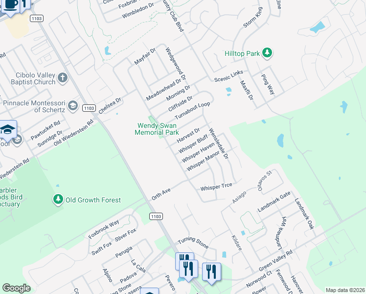 map of restaurants, bars, coffee shops, grocery stores, and more near 3321 Whisper Bluff in Schertz