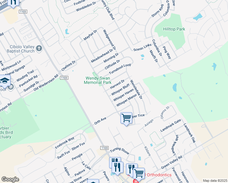 map of restaurants, bars, coffee shops, grocery stores, and more near 3321 Whisper Bluff in Schertz