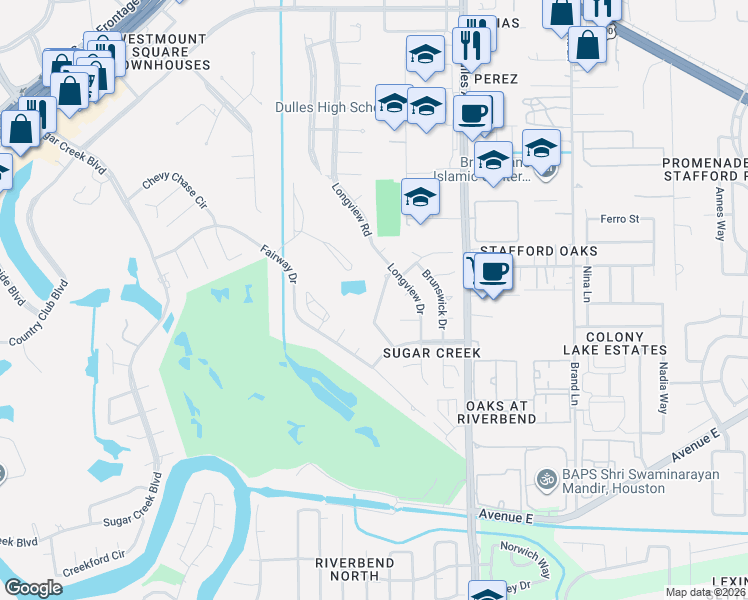 map of restaurants, bars, coffee shops, grocery stores, and more near 815 Merrick Drive in Sugar Land