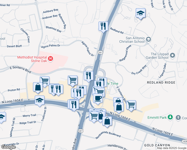 map of restaurants, bars, coffee shops, grocery stores, and more near 1810 East Sonterra Boulevard in San Antonio