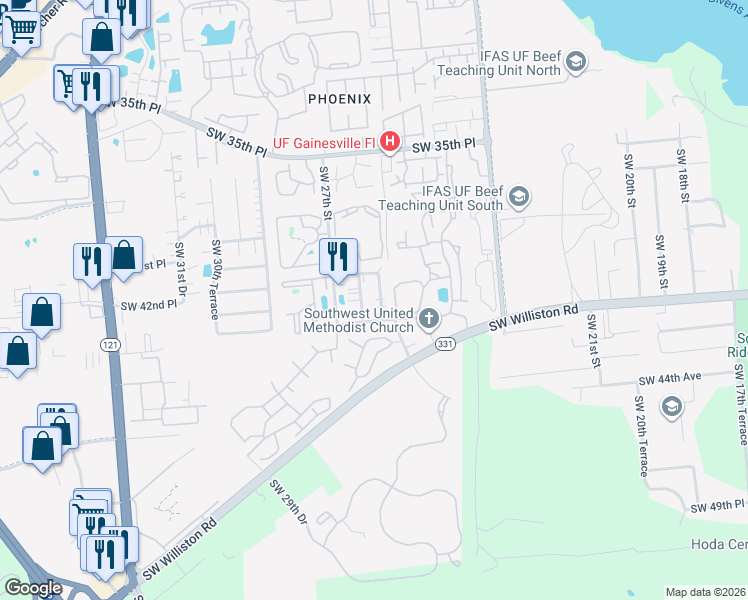 map of restaurants, bars, coffee shops, grocery stores, and more near 3936 Southwest 26th Terrace in Gainesville