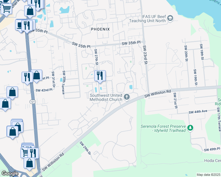 map of restaurants, bars, coffee shops, grocery stores, and more near 3936 Southwest 26th Terrace in Gainesville