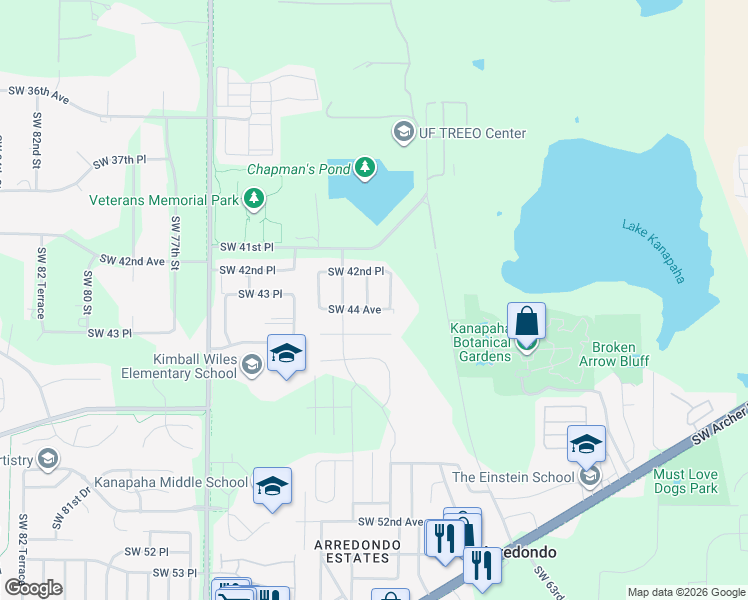 map of restaurants, bars, coffee shops, grocery stores, and more near 4327 Southwest 68th Terrace in Gainesville