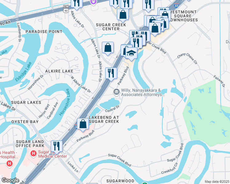 map of restaurants, bars, coffee shops, grocery stores, and more near 14100 Southwest Freeway in Sugar Land