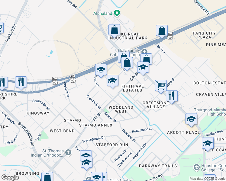 map of restaurants, bars, coffee shops, grocery stores, and more near 302 Martin Lane in Missouri City