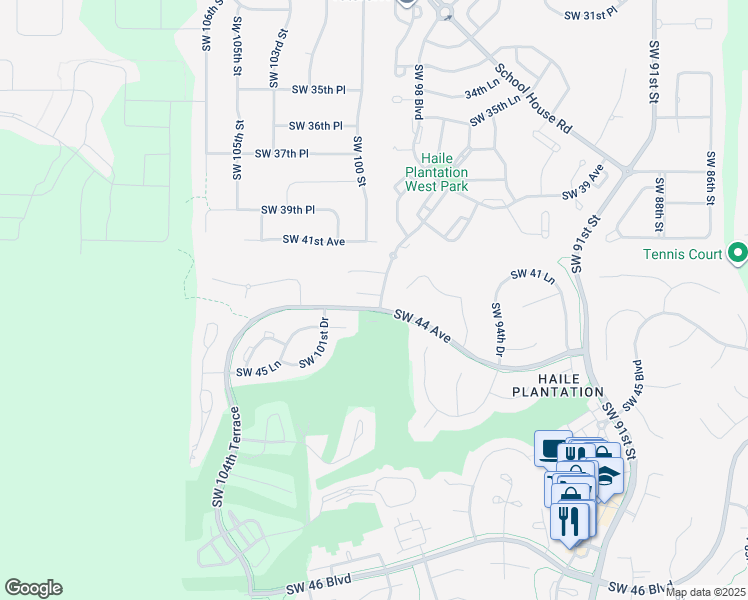 map of restaurants, bars, coffee shops, grocery stores, and more near 9909 Southwest 42nd Road in Gainesville