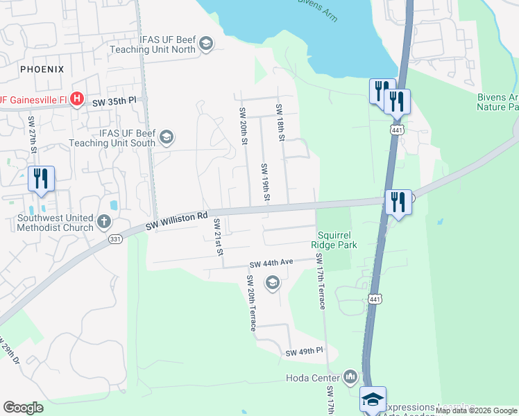 map of restaurants, bars, coffee shops, grocery stores, and more near 1918 Southwest Williston Road in Gainesville