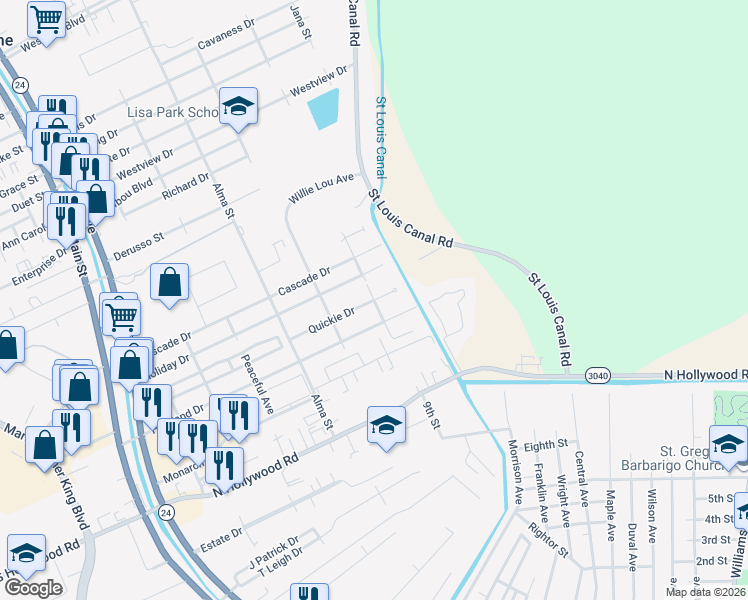 map of restaurants, bars, coffee shops, grocery stores, and more near 700 Quickie Drive in Houma