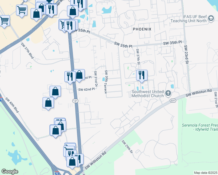 map of restaurants, bars, coffee shops, grocery stores, and more near 2945 Southwest 39th Avenue in Gainesville