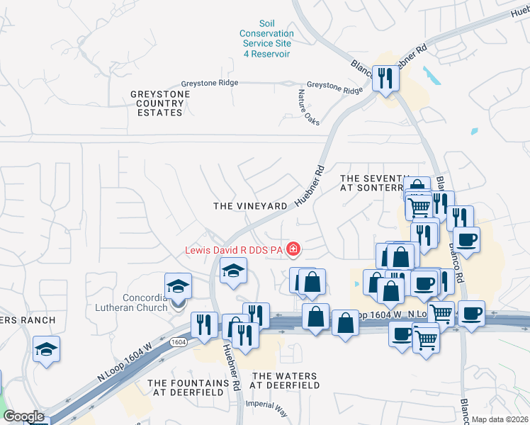 map of restaurants, bars, coffee shops, grocery stores, and more near 1746 Escada in San Antonio