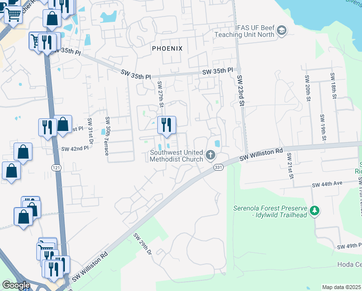 map of restaurants, bars, coffee shops, grocery stores, and more near 3936 Southwest 26th Terrace in Gainesville