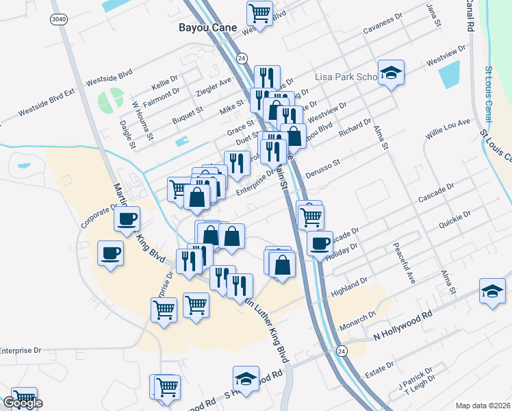 map of restaurants, bars, coffee shops, grocery stores, and more near 118 Roy Street in Houma