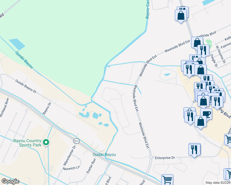 map of restaurants, bars, coffee shops, grocery stores, and more near Westside Boulevard Extension in Houma