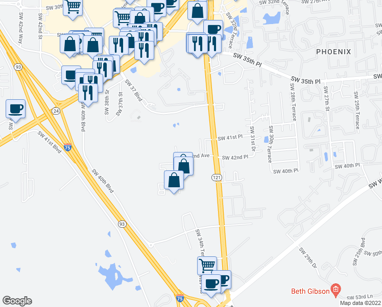map of restaurants, bars, coffee shops, grocery stores, and more near 3456 Southwest 42nd Avenue in Gainesville