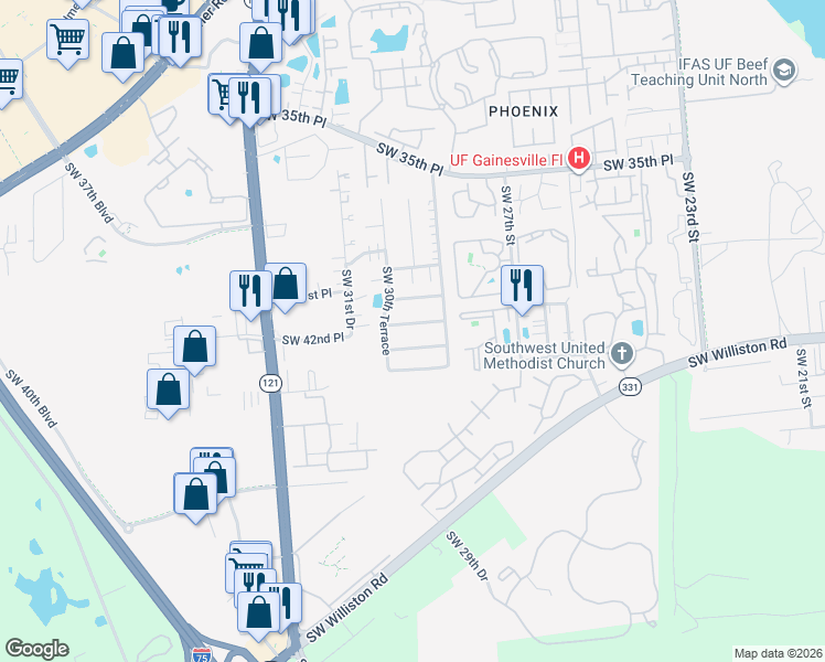 map of restaurants, bars, coffee shops, grocery stores, and more near 2913 Southwest 39 Avenue in Gainesville