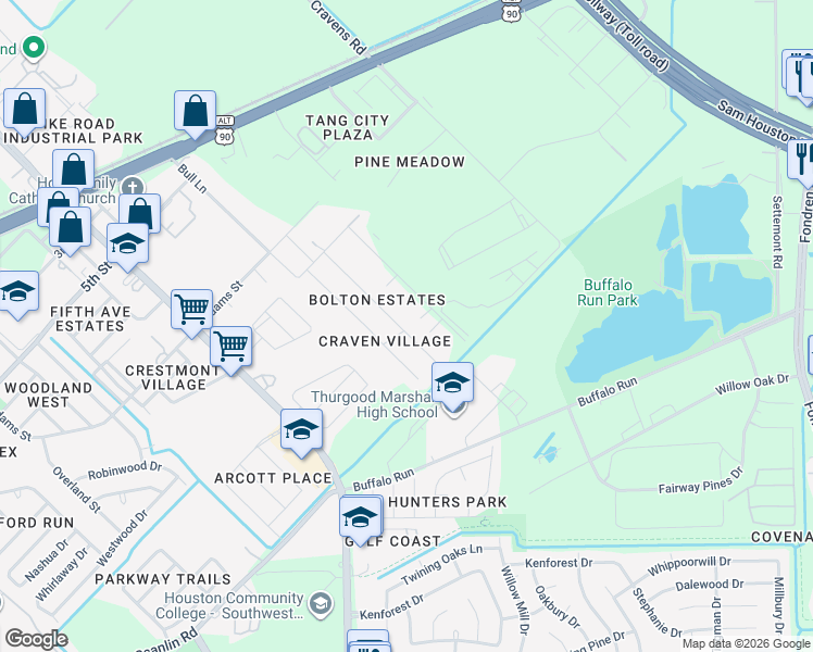 map of restaurants, bars, coffee shops, grocery stores, and more near 1031 Bolton Drive in Missouri City