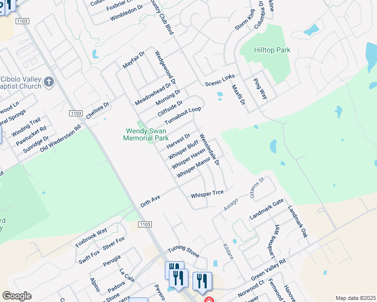 map of restaurants, bars, coffee shops, grocery stores, and more near 3412 Whisper Bluff in Schertz