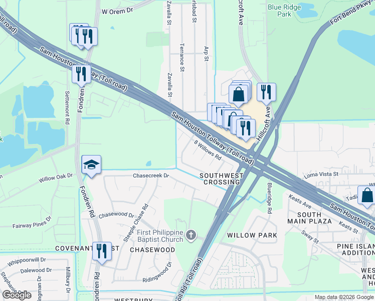 map of restaurants, bars, coffee shops, grocery stores, and more near 14410 Windy Willow Court in Missouri City