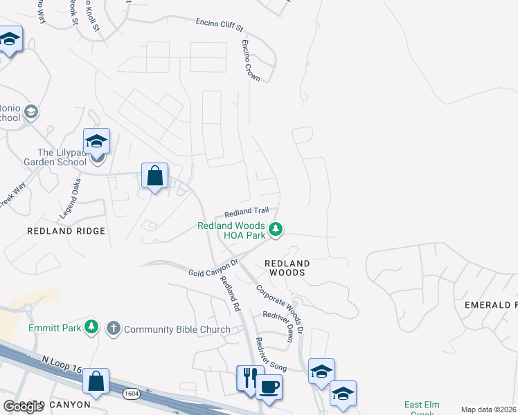 map of restaurants, bars, coffee shops, grocery stores, and more near 2855 Redland Trail in San Antonio