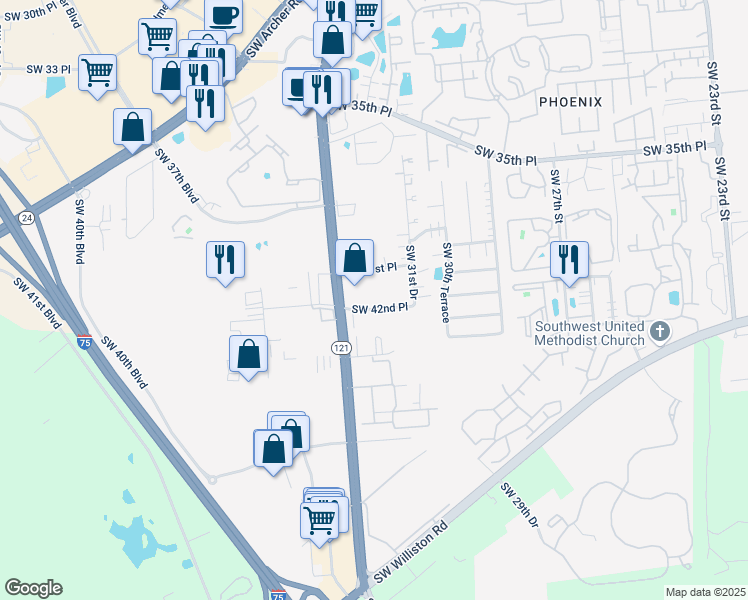 map of restaurants, bars, coffee shops, grocery stores, and more near 3232 Southwest 42nd Place in Gainesville