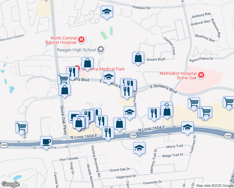 map of restaurants, bars, coffee shops, grocery stores, and more near 600 East Sonterra Boulevard in San Antonio