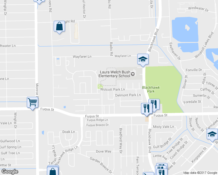 map of restaurants, bars, coffee shops, grocery stores, and more near 9027 Wolcott Park Lane in Houston