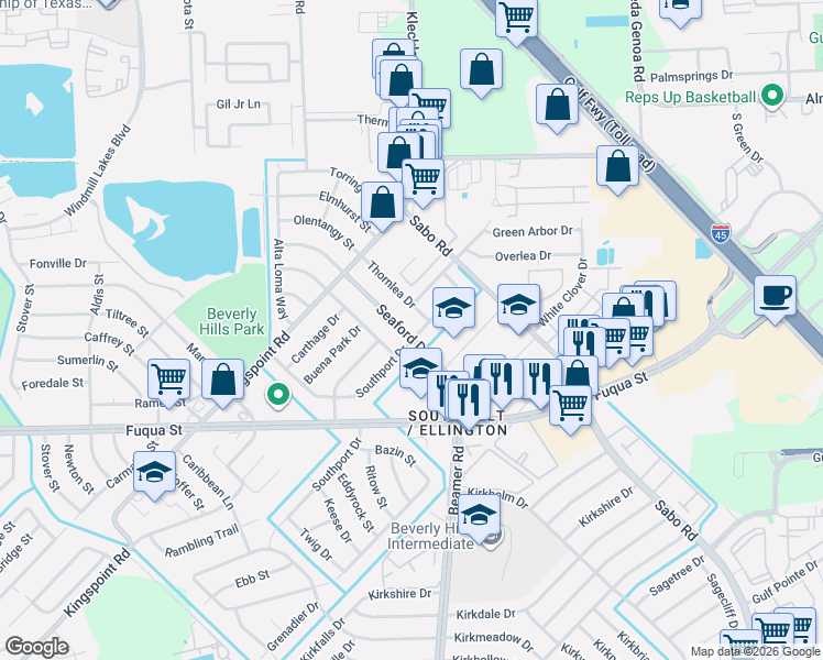 map of restaurants, bars, coffee shops, grocery stores, and more near 10434 Southport Drive in Houston