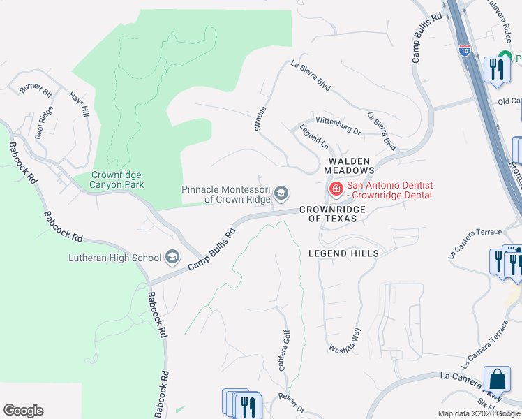 map of restaurants, bars, coffee shops, grocery stores, and more near 42 Ventana Parkway in San Antonio