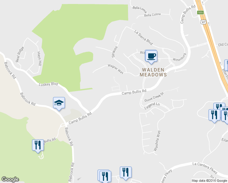 map of restaurants, bars, coffee shops, grocery stores, and more near 38 Ventana Parkway in San Antonio
