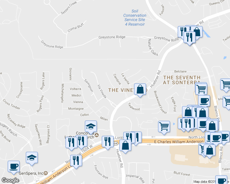 map of restaurants, bars, coffee shops, grocery stores, and more near 1902 Far Niente in San Antonio
