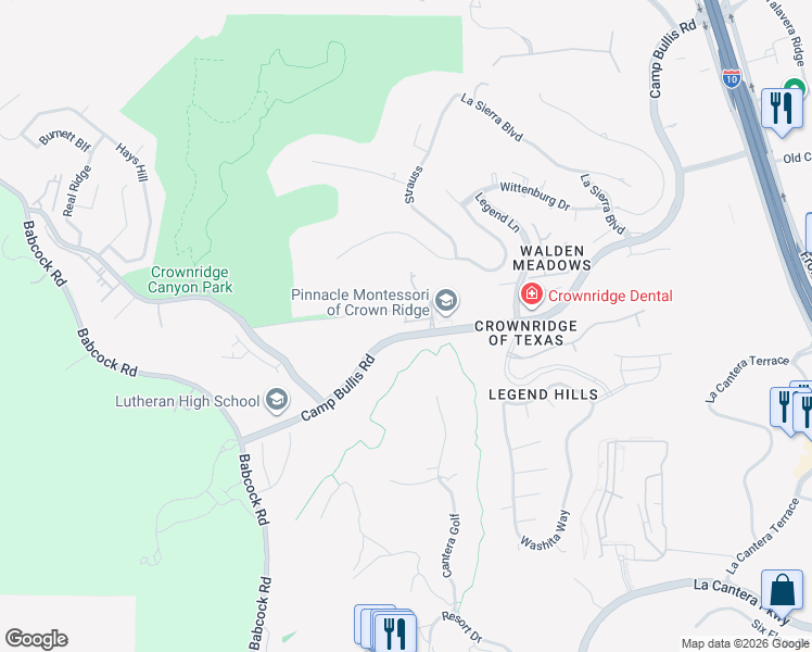 map of restaurants, bars, coffee shops, grocery stores, and more near 54 Ventana Parkway in San Antonio