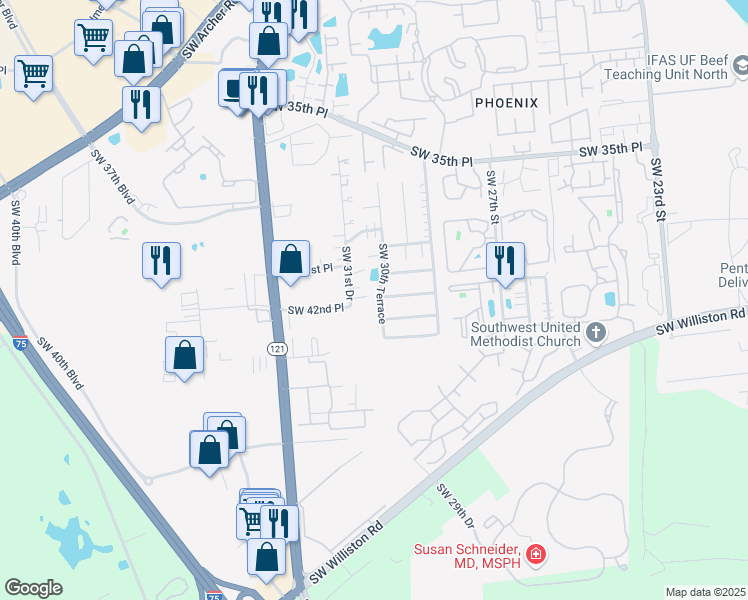 map of restaurants, bars, coffee shops, grocery stores, and more near 3902 Southwest 30th Terrace in Gainesville