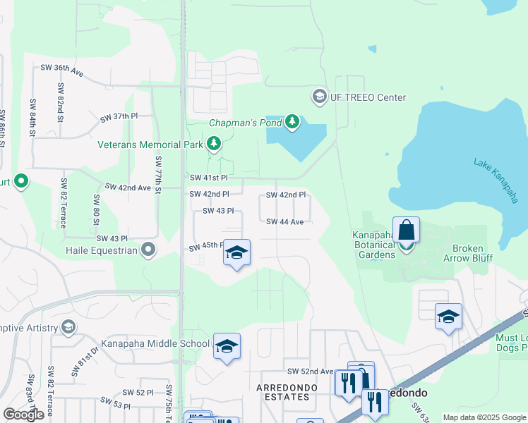 map of restaurants, bars, coffee shops, grocery stores, and more near 4313 Southwest 70th Terrace in Gainesville