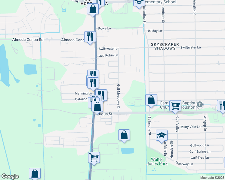 map of restaurants, bars, coffee shops, grocery stores, and more near 7723 Arrowhead Lane in Houston