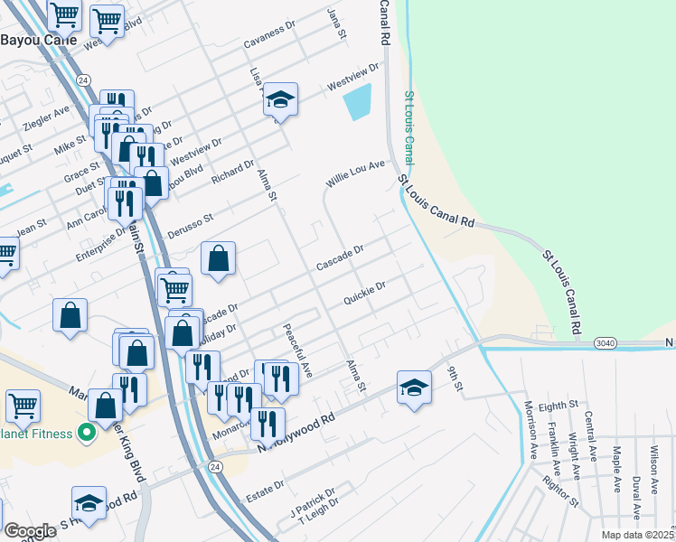 map of restaurants, bars, coffee shops, grocery stores, and more near 412 Holiday Drive in Houma