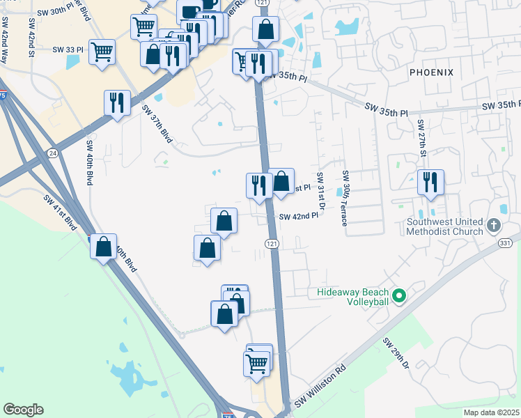 map of restaurants, bars, coffee shops, grocery stores, and more near 4110 Southwest 34th Street in Gainesville