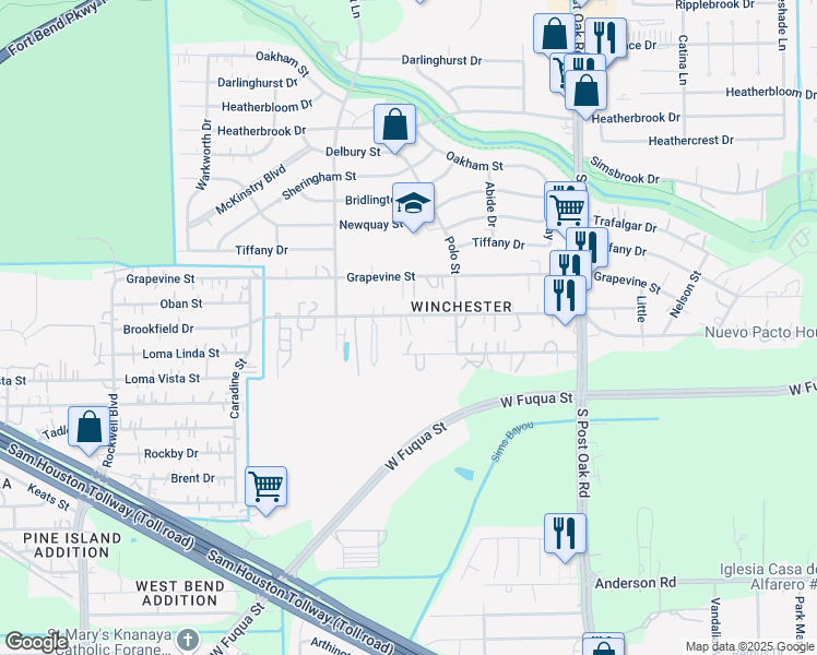 map of restaurants, bars, coffee shops, grocery stores, and more near 5905 Peachtree Road in Houston