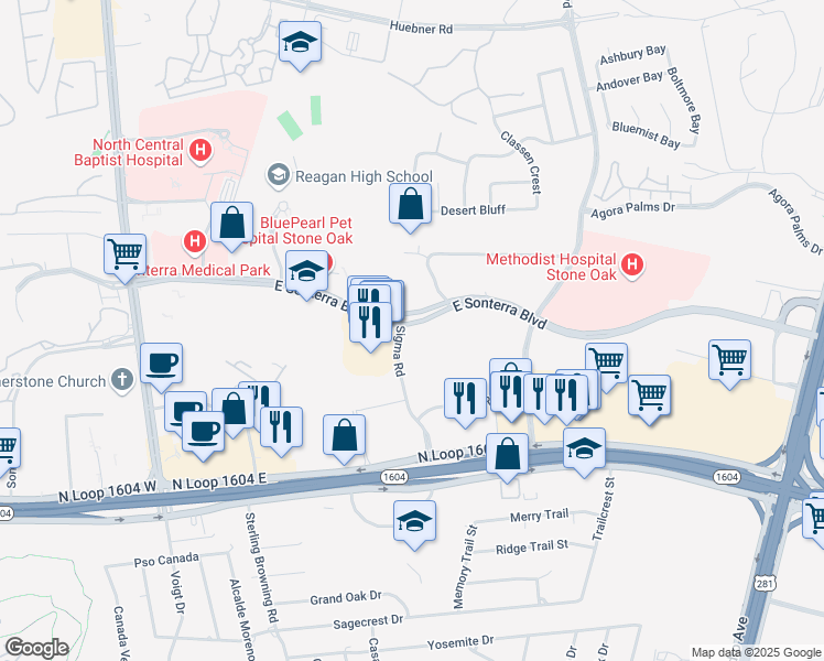 map of restaurants, bars, coffee shops, grocery stores, and more near 800 East Sonterra Boulevard in San Antonio