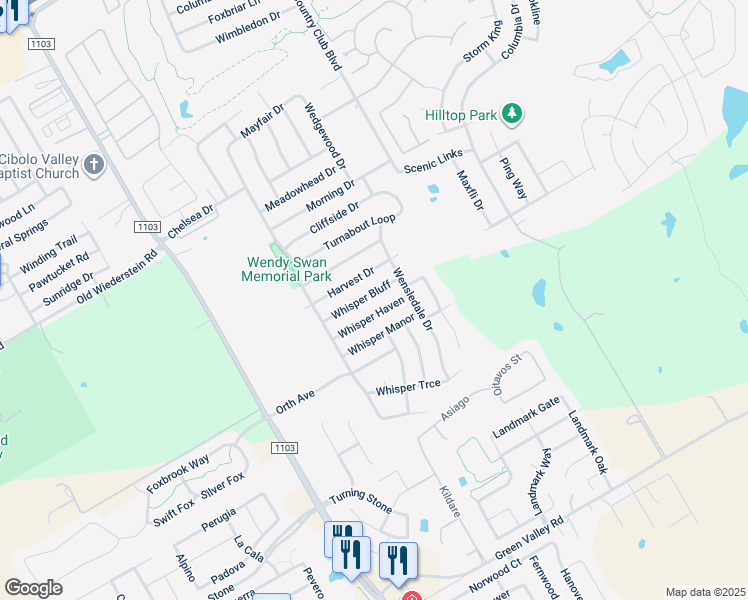map of restaurants, bars, coffee shops, grocery stores, and more near 3416 Whisper Bluff in Schertz