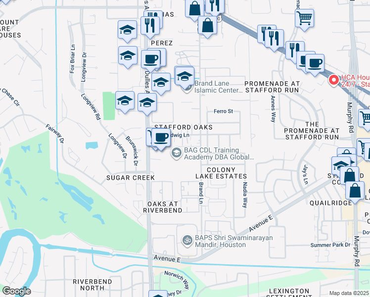 map of restaurants, bars, coffee shops, grocery stores, and more near 842 Brand Lane in Stafford
